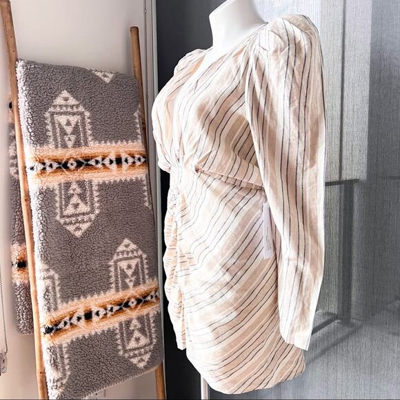 Ronny Kobo Joslyn Beige Striped Linen Blend Ruched Mini Dress Women’s Size XL - Picture 5 of 12